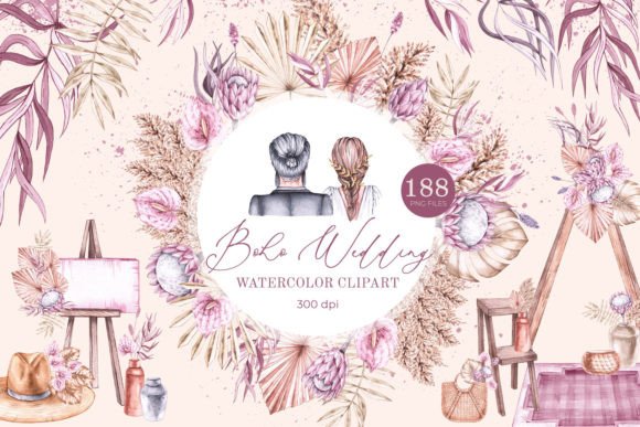 Boho Wedding, Watercolor Clipart PNG: Your Creative Toolkit