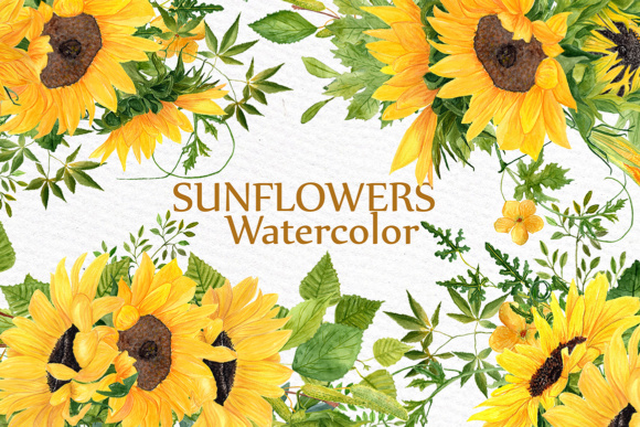 Sunflower Clipart Watercolor Wreath and Bouquets for Designers